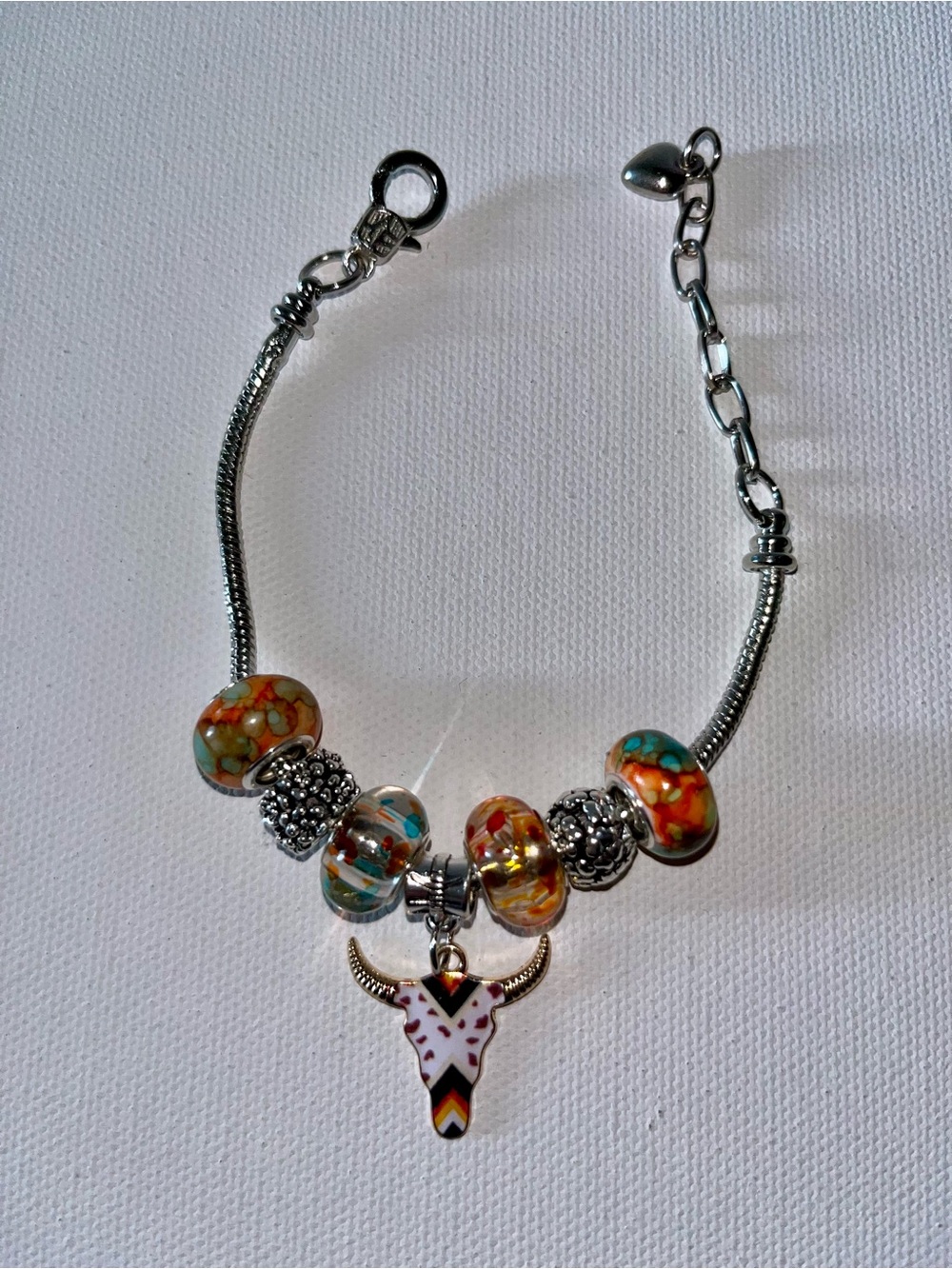 Silver-Tone Beaded Charm Bracelet with Orange and Turquoise Glass Beads